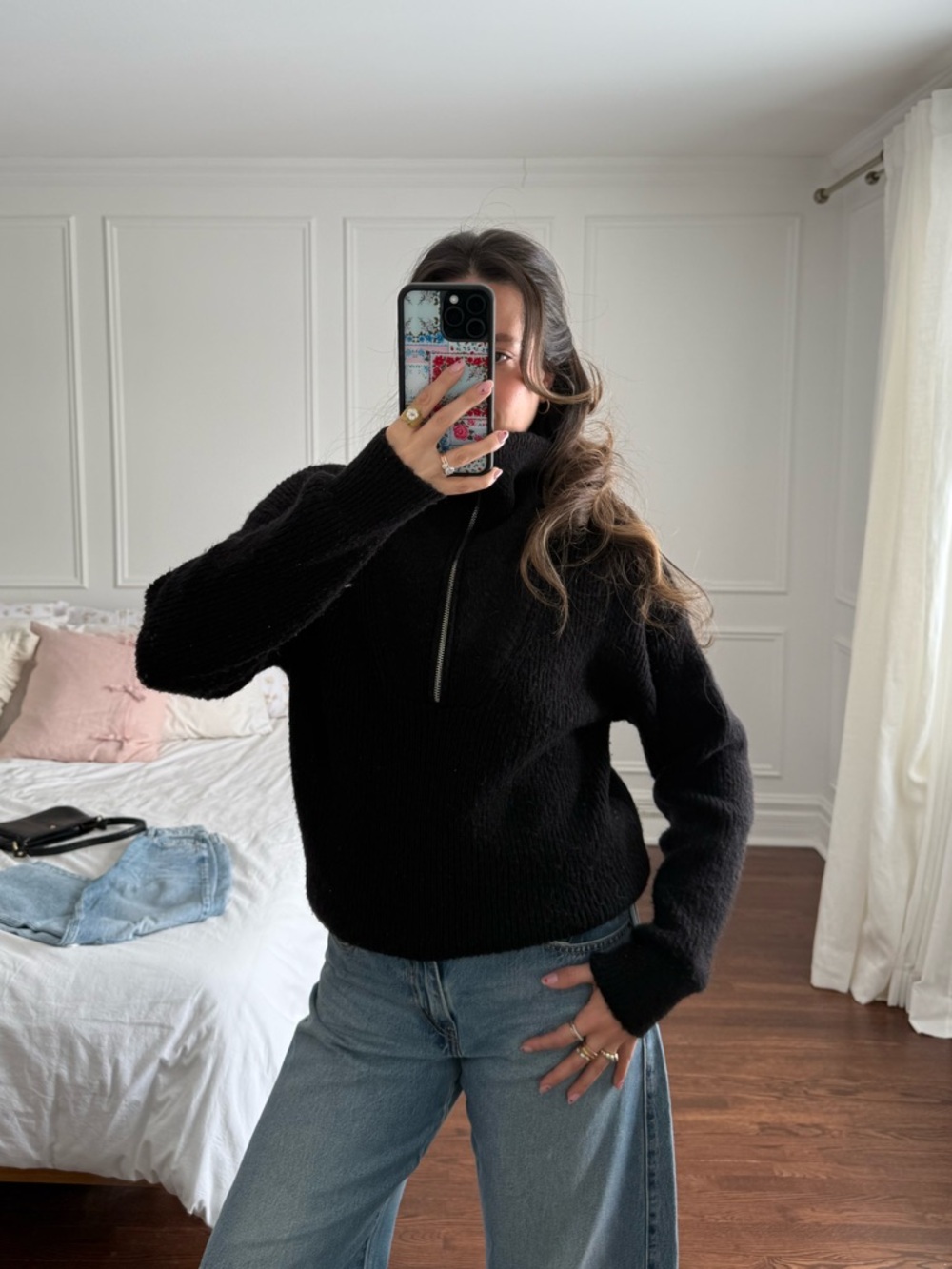 Women's Black Half-Zip Turtleneck Sweater